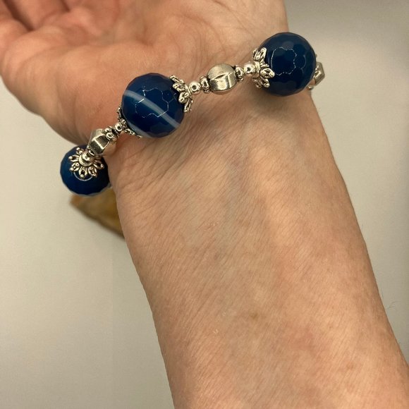 DARK Blue Agate Beaded Bracelet Large Agate Faceted Bead 14mm Grade A NEW - Picture 8 of 13